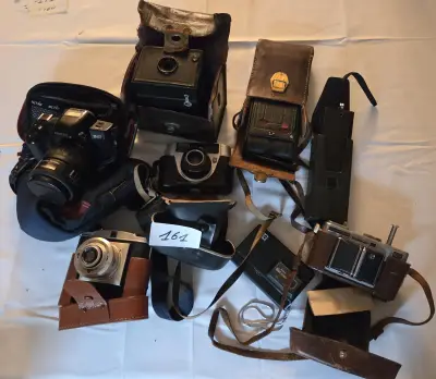Grote verzameling vintage fototoestellen en camera's, waaronder diverse analoge modellen, boxcamera's en bijbehorende lederen draagtassen – Lot 161 – kavel bij Goeiendeal, Jette