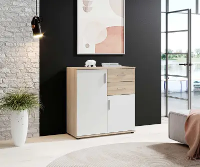 10 x Commode Debby - 2 Deuren 2 Lades - Wit en Sonoma Eik – kavel bij Openbare Verkopen, Beveren-Leie
