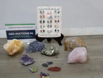 Set ruwe en gepolijste edelstenen met bord Gemstones of the World – kavel bij GSD Auctions, Zoeterwoude