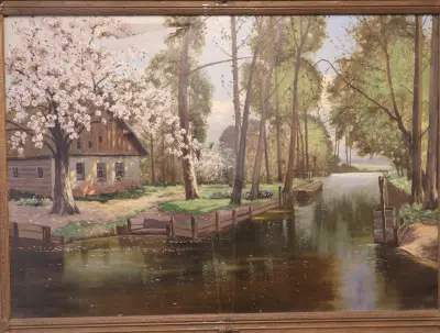 Olieverfschilderij met lentelandschap en sloot – kavel bij GSD Auctions, Zoeterwoude
