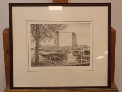 Ingelijste ets van Hefbrug Rotterdam – kavel bij GSD Auctions, Zoeterwoude