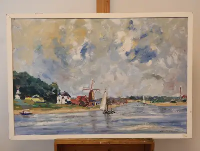 Olieverfschilderij landschap met molen en zeilboot – kavel bij GSD Auctions, Zoeterwoude