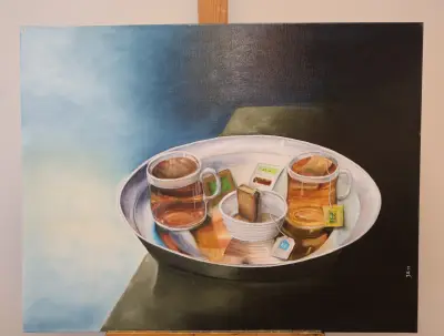 Schilderij met theekopjes op dienblad – kavel bij GSD Auctions, Zoeterwoude