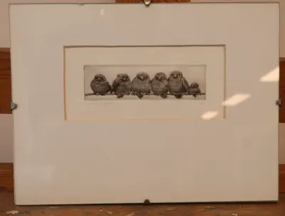 Ingelijste ets van zes vogels op een tak – kavel bij GSD Auctions, Zoeterwoude