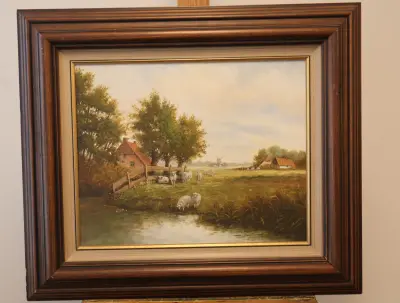 Olieverfschilderij landschap met schapen en molen – kavel bij GSD Auctions, Zoeterwoude
