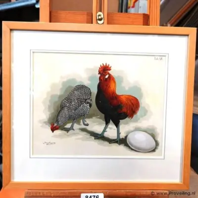 Historische kleurenillustratie van een kippenpaar en een ei uit de – kavel bij ProVeiling, Wageningen