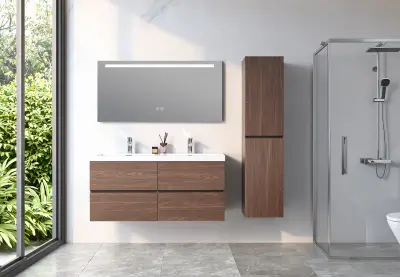 Badkamermeubel 120 cm - Donker hout decor + witte dubbele wasbak - Incl. kranen – kavel bij Openbare Verkopen