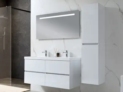 Badkamermeubel 120 cm - Hoogglans wit + witte dubbele wasbak - Incl. kranen – kavel bij Openbare Verkopen