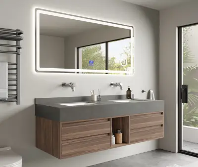Badkamermeubel 2-persoons - 150 cm - Hout decor met grijze wasbak - Incl. muurkranen – kavel bij Openbare Verkopen