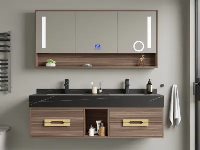 Badkamermeubel 2-persoons - 150 cm - Hout decor met zwarte wasbak - Incl. kranen – kavel bij Openbare Verkopen