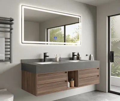 Badkamermeubel 2-persoons - 150 cm - Hout decor met grijze wasbak - Incl. kranen – kavel bij Openbare Verkopen