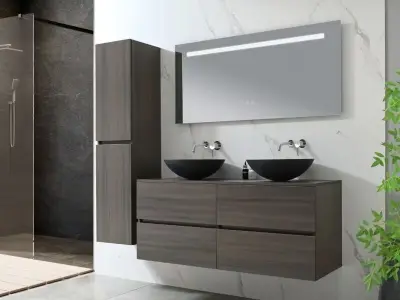 Badkamermeubel 130 cm - Donker hout decor + zwarte waskommen - Incl. muurkranen – kavel bij Openbare Verkopen