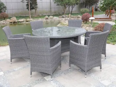 Dining set 7-delig - Grijs wicker met grijze kussens - Glazen tafelblad – kavel bij Openbare Verkopen