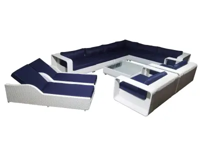 Loungeset 11-delig White wicker /donker blauwe kussens – kavel bij Openbare Verkopen