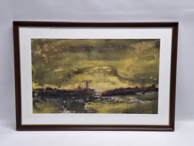 Schilderij van een expressief abstract landschap op papier – kavel bij De Kringwinkel, Gent