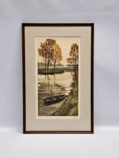 Gesigneerde kleurenets met roeiboot in herfstlandschap - Roger Hebbelinck - 12/350 – kavel bij De Kringwinkel, Gent