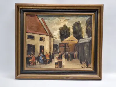 Olieverfschilderij "Dorpskermis" - expressief genrestuk op doek - W. Willemsen – kavel bij De Kringwinkel, Gent