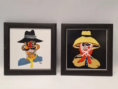 Set van twee ingelijste keramische kunsttegels 'Campesino & Campesina' van César Manrique 1985 – kavel bij De Kringwinkel, Gent