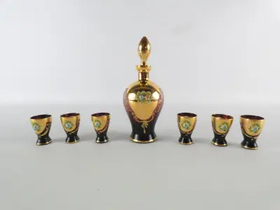 Murano "Tre Fuochi" Likeurset – 24k Bladgoud & Emaille (7-delig) – kavel bij De Kringwinkel, Heverlee