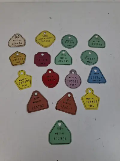Zeldzame Verzameling Vintage West-Vlaamse Fietspenningen / Rijwielbelasting (16 Stuks, Jaren '70 & '80) – kavel bij De Kringwinkel, Oostkamp