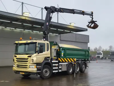 Scania P410 Tipper HMF 1800K3 Crane HSW 2-side tipper Lift+Steering axle – kavel bij BAS World Auctions, Veghel