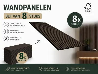 8x Akoestische wandpaneel 2700 * 600 mm Ebony - houtfineer – kavel bij GSD Auctions, Zoeterwoude