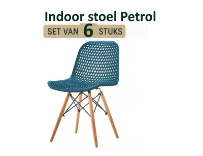set van 6 - replica indoor armstoel ELEGANT - PETROL BLAUW kunststof kuip met beukenhout - stalen poot – kavel bij GSD Auctions, Zoeterwoude