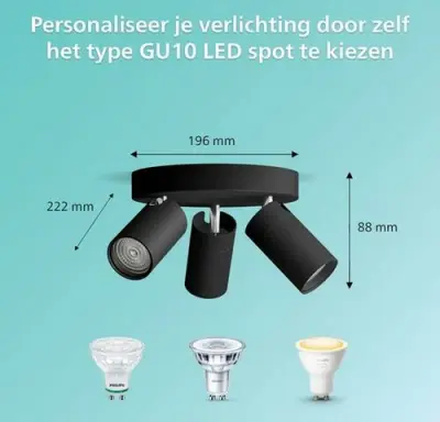 Philips Idris Spot - Plafondspot - Spatwaterdicht IP44 - Zwart - 5W - Badkamerlamp - Drie lichtpunten - Ronde basisplaat - Alleen geschikt voor LED… – kavel bij Belga Veilingen, Br