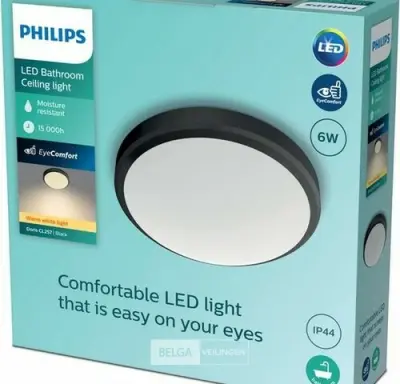 Philips Doris badkamer plafondlamp - zwart - klein - 6 W 600 lumen 2700k IP44 – kavel bij Belga Veilingen, Bree