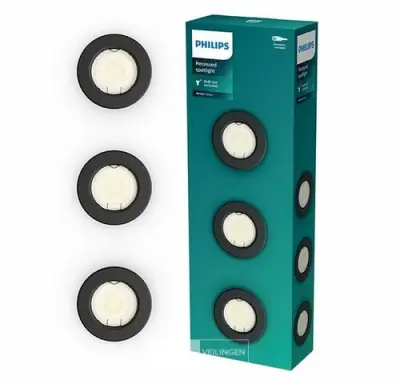 Philips Led inbouwspot - Rond - Zwart - Ø 68 mm - GU10 fitting - IP20 - 3 stuks – kavel bij Belga Veilingen, Bree