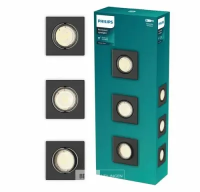 Philips Peridot inbouwspot GU10 7W zwart vierkant richtbaar 3 stuks – kavel bij Belga Veilingen, Bree