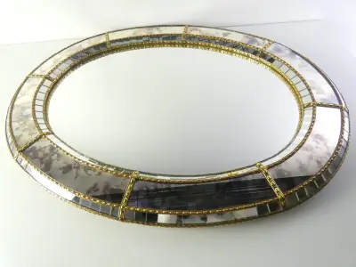 Vintage Ovale Messing Mozaïek Wandspiegel – Deknudt-stijl – Jaren 70 – kavel bij De Kringwinkel, Heverlee
