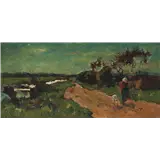 Zwart Willem Hendrikus Petrus Johannes de – Zomerlandschap met boerin op landweg, gesigneerd linksonder, olieverf op paneel, 11.5 x 23.5 cm – kavel bij Venduhuis De Eland