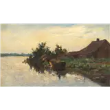 Willem Anton Alexander Knip – Boerderij aan het water, gesigneerd rechtsonder, olieverf op doek, 25 x 40 cm.Conditie: bedoekt – kavel bij Venduhuis De Eland