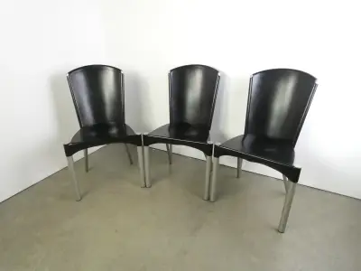 3x Ronald Schmitt Designstoelen – Hoogwaardig Duits Design – Zwart Zadelleer & Hout – kavel bij De Kringwinkel, Heverlee