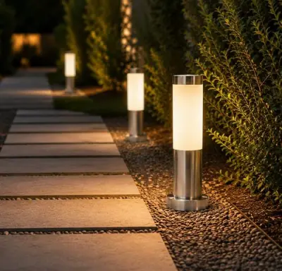 4 x Buitenlamp Tuinpaal – E27 – Chroom – IP44 – 325mm – DEFNE-3 – kavel bij Belga Veilingen