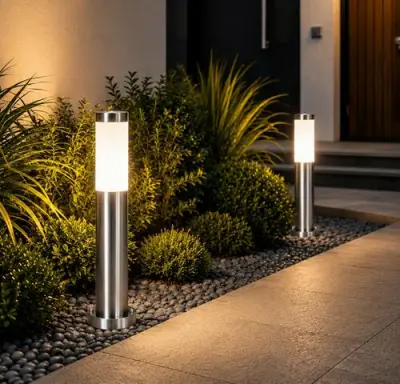 4 x Buitenlamp Tuinpaal – E27 – Chroom – IP44 – 500mm – DEFNE-4 – kavel bij Belga Veilingen