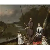 Cornelis Picolet (Rotterdam 1626/28-1679) en Jan Snellinck III (Rotterdam 1640-1671)Familieportret in landschap / een jagende familie, gesigneerd e… – kavel bij Van Spengen
