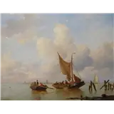 Everhardus Koster – Hollands riviergezicht met vissers en stad in de vertegesigneerd linksonderolieverf op paneel29,7 x 37,2 cm – kavel bij Van Spengen