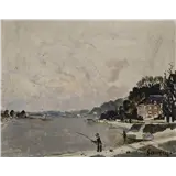 Albert Saverys – Riviergezicht met visser op kadegesigneerd Saverys rechtsonderolieverf op paneel39,5 x 49,5 cm – kavel bij Van Spengen