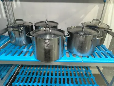 Een partij van 5 grote pannen met deksels van 18/10 roestvrij staal van DEMEYERE – geschikt voor alle warmtebronnen en inductie – kavel bij Auctionline, Anderlecht