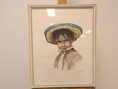 Ingelijste tekening van kind met strohoed – kavel bij GSD Auctions, Zoeterwoude