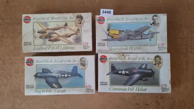 Airfix, Set van 4 modelbouwdozen World War II Aircraft of the Aces waaronder Lockheed P38 H Lightning, Messerschmitt Bf 109E, Vought F4U Corsair en… – kavel bij Goeiendeal