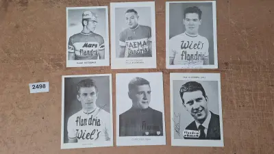 Flandria, Set van 6 historische zwart-wit wielrennerskaarten waaronder Hubert Hutsebaut en Jaak De Boever – kavel bij Goeiendeal