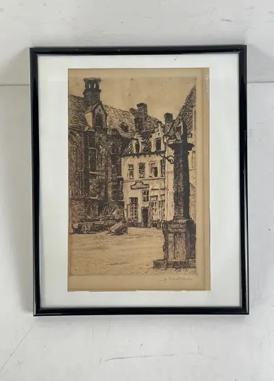 Ets J. Severin historisch stadsgezicht met kerkplein en monumentale zuil – kavel bij De Kringwinkel, Oostkamp