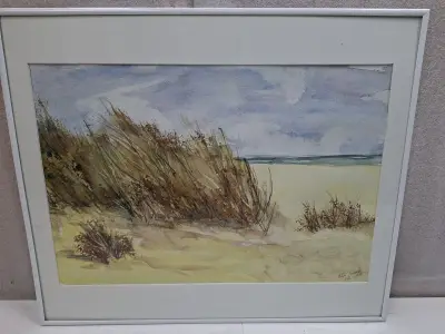 Originele Aquarel 'Duinen en Zee' – Line Verlooy (2009) – In Luxe Lijst 61x51 cm – kavel bij De Kringwinkel, Oostkamp