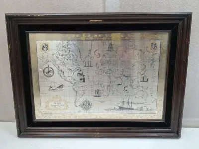 Exclusieve 'Silver Map' Royal Geographical Society (1976) – Sterling Zilver & 24k Goud – Luxe Lijst 72x52 cm – kavel bij De Kringwinkel, Oostkamp