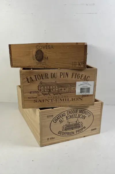 Wijnkisten Saint-Émilion Grand Cru Bordeaux en vintage oogstkist, set van 3 – kavel bij De Kringwinkel, Oostkamp