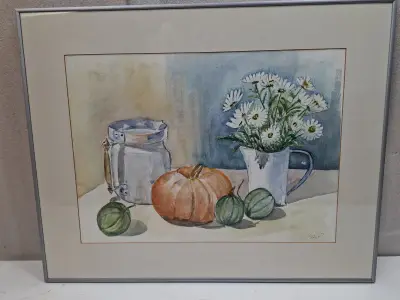 Originele Aquarel Stilleven 'Herfst' – Pompoen & Margrieten – In Luxe Lijst 72x57 cm – kavel bij De Kringwinkel, Oostkamp