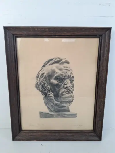 Portret van Compositeur Richard Wagner – Originele Tekening door Fr. Van Goethem (1955) in Eikenhouten Lijst – kavel bij De Kringwinkel, Oostkamp